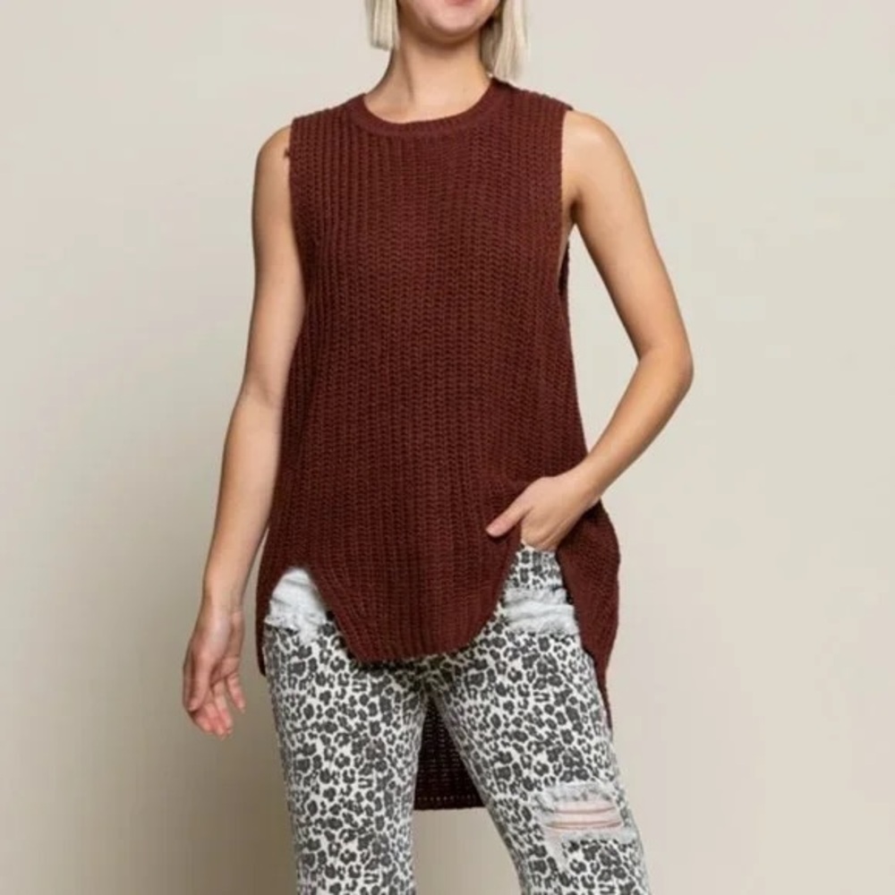 POL Size Medium Brown Wool Blend High Low Chunky Knit Tunic Sweater Vest Casual